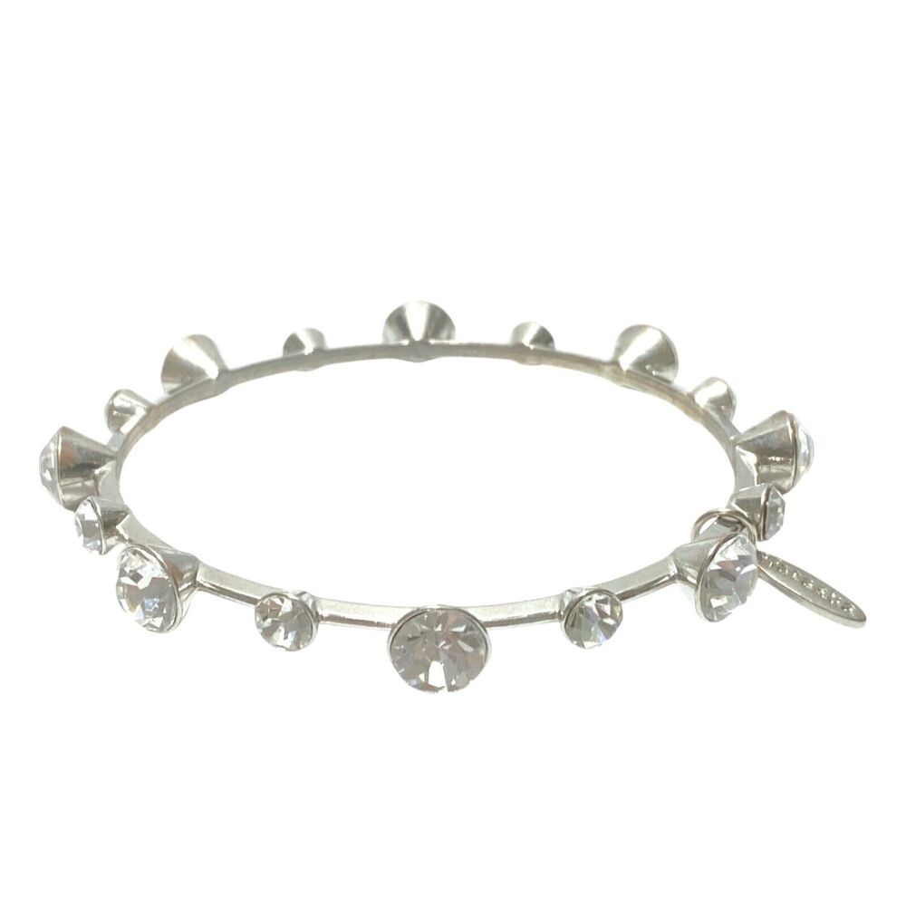Natasha Silver Tone Studded Bangle Clear Faceted Rhinestone Bracelet Punk Biker